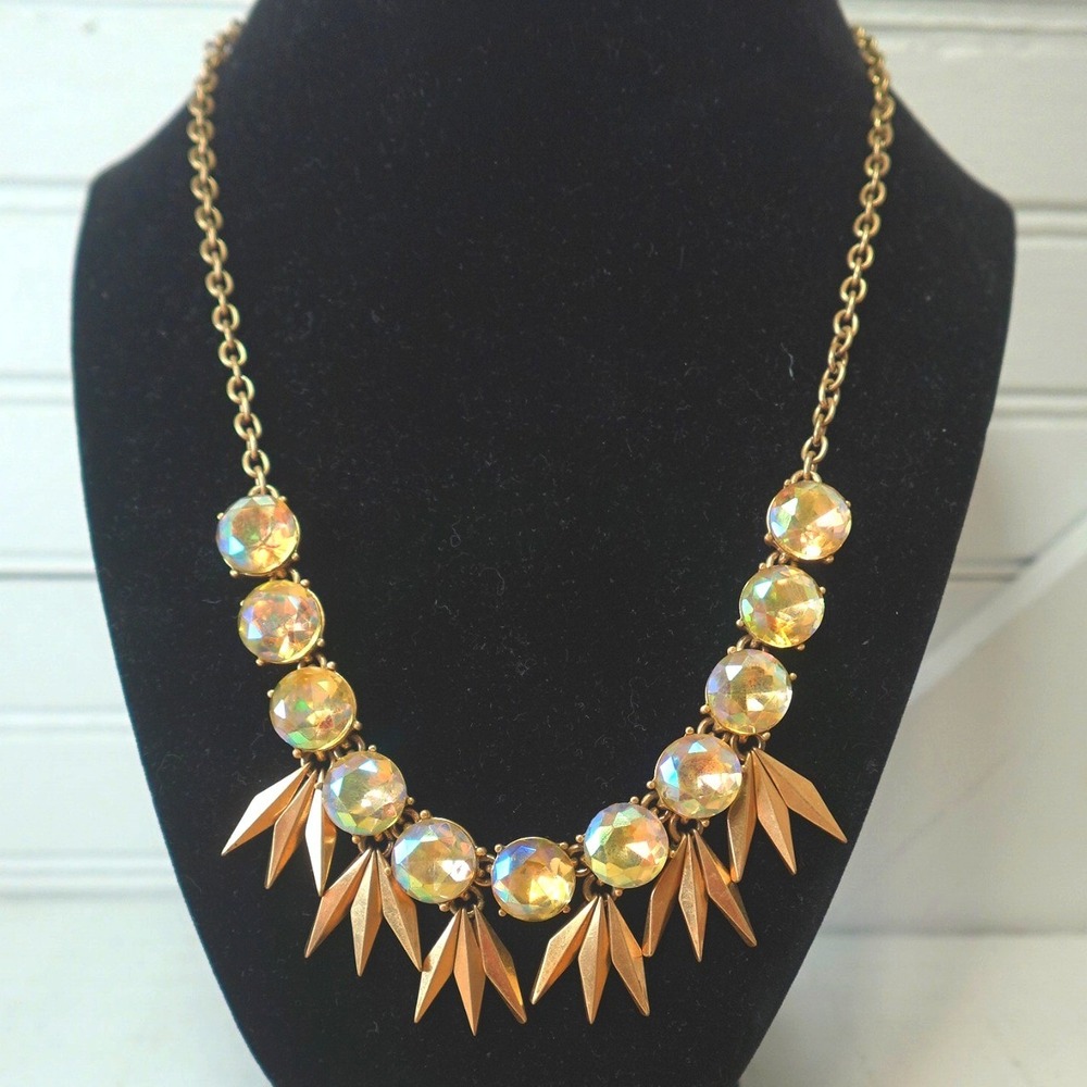 J Crew Necklace Gold Tone Y2K Yellow Iridescent Rhinestone Statement Bib